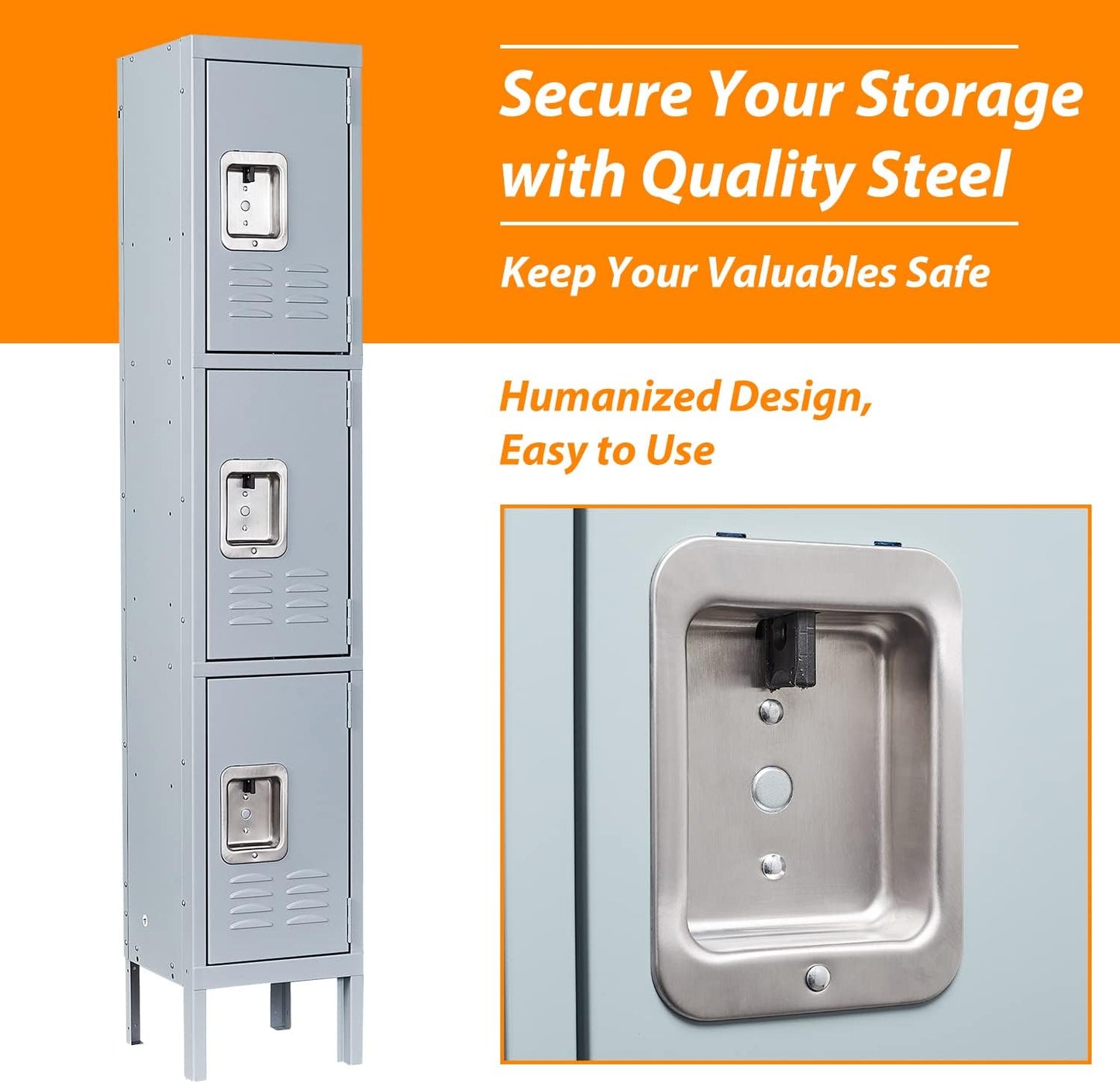 Metal Locker for School Home Office Gym, Steel Storage Lockers for Employees Students, 3 Tier Metal Storage Locker Cabinet with 3 Doors (Grey)