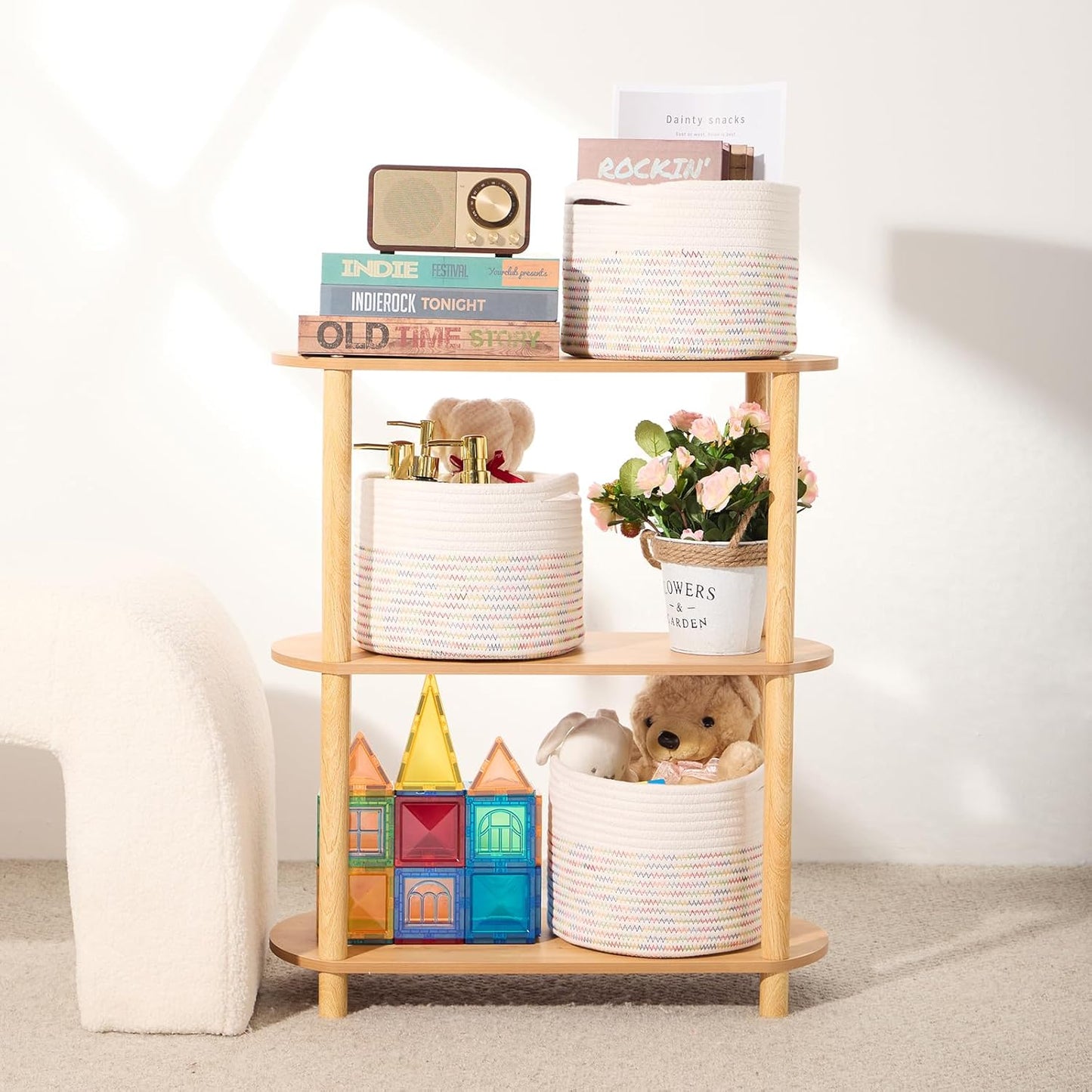 Small Basket for Organizing | Cube Shelf Closet Storage Baskets | 9.7×9.7×7.1” | Woven Rope Gift Basket | Nursery | Round 3 Packs Rainbow