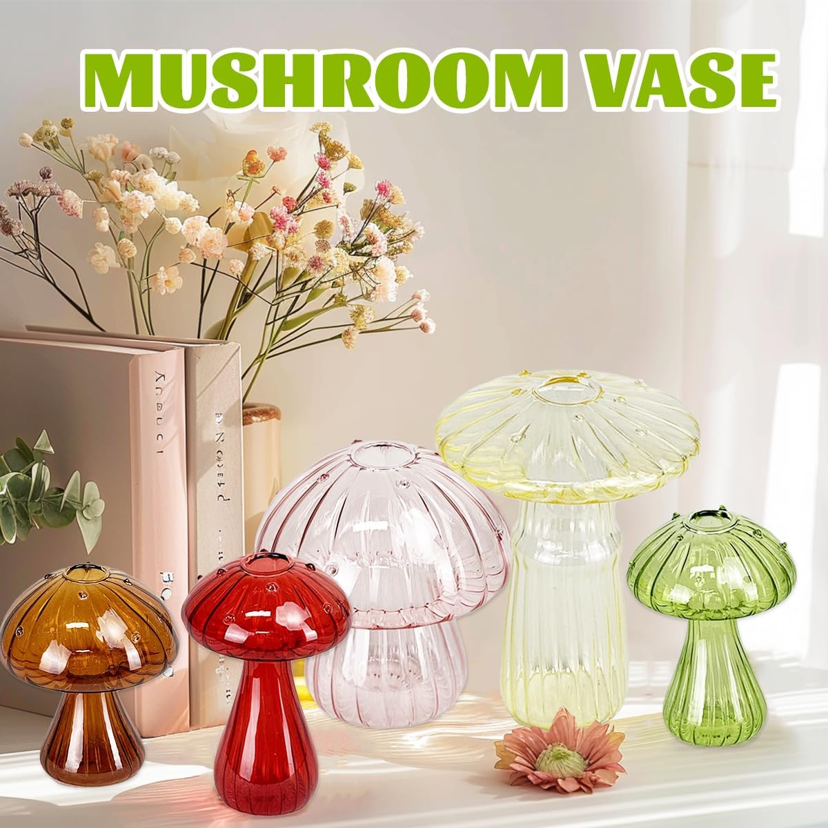 5 Pcs Mushroom Glass Planter for Plants, Stylish Unique Mushroom Vase for Home Decoration,Colorful Propagation Jars,Ideal Gardening Companion and Creative Floral Arrangement