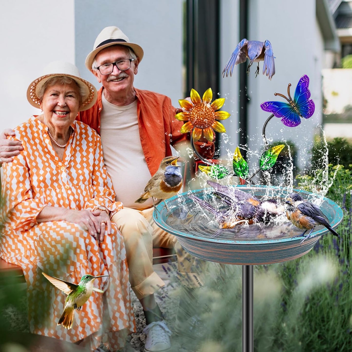 Bird Bath for Outside, Metal Birdbath Bowl Decorated Metal with 5 Prong Base Stand Outdoor Bird Baths Bird Feeder Garden Decor Yard Art (A-Blue)