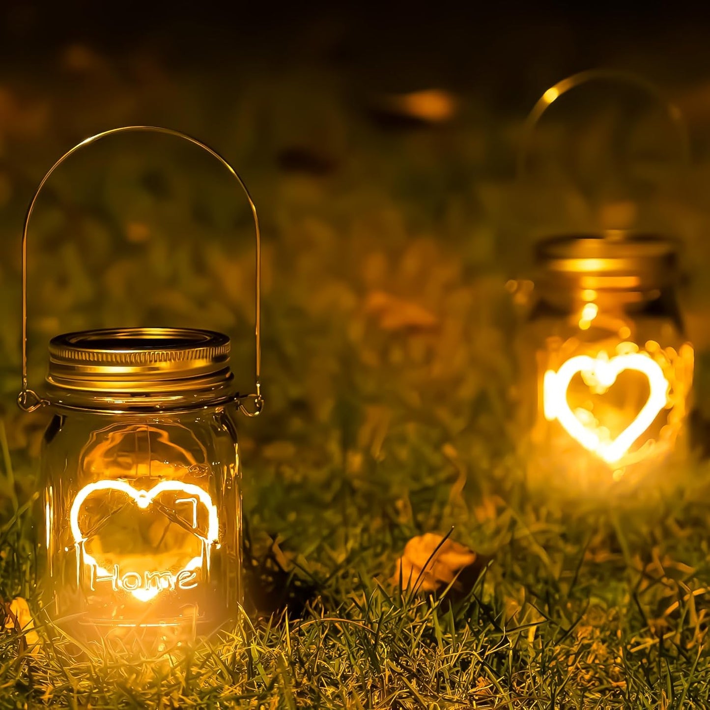 Hanging Solar Mason Jar Lights, 2 Pack Warm Heart Shape Led Lights, Solar Powered Lanterns Outdoor Waterproof, Hangers and Jars Included, Gift for Lover, Home Party Wedding Garden Patio Decor (2)