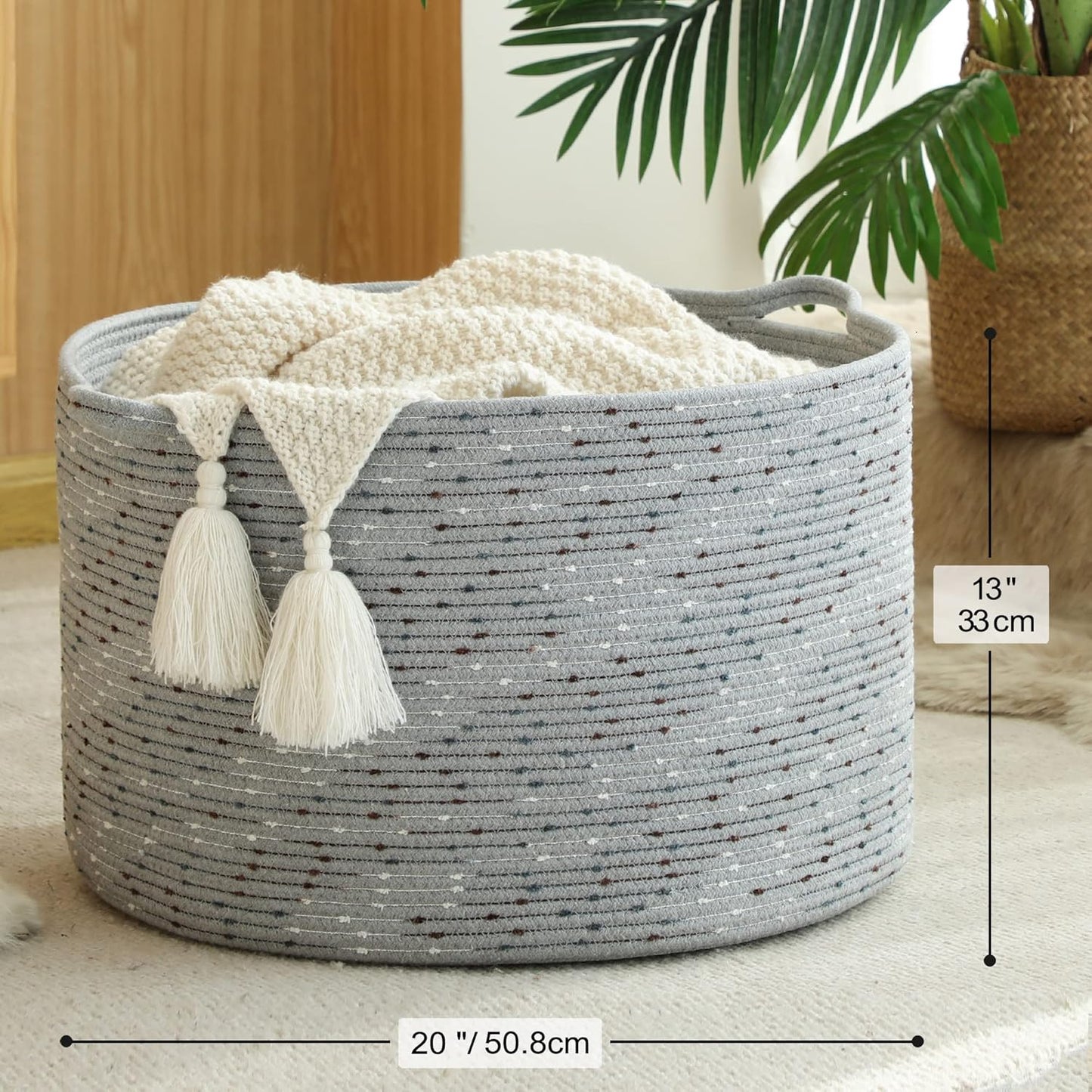 KAKAMAY Large Blanket Basket (20"x13"),Woven Baskets for storage Baby Laundry Hamper, Cotton Rope Blanket Basket for Living Room, Laundry, Nursery, Pillows, Grey with Blue & Brown Dotted