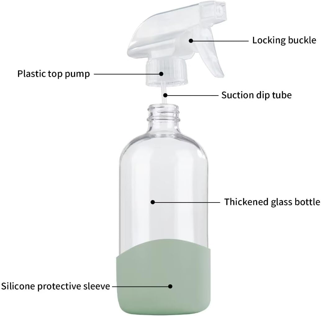 HOMBYS 8 Oz Empty Clear Glass Spray Bottles with Silicone Sleeve Protection Refillable Containers for Cleaning Solutions, Essential Oils, Misting Plants - Quality Sprayer - 1 Pack Boston Bottles