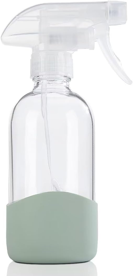 HOMBYS 8 Oz Empty Clear Glass Spray Bottles with Silicone Sleeve Protection Refillable Containers for Cleaning Solutions, Essential Oils, Misting Plants - Quality Sprayer - 1 Pack Boston Bottles