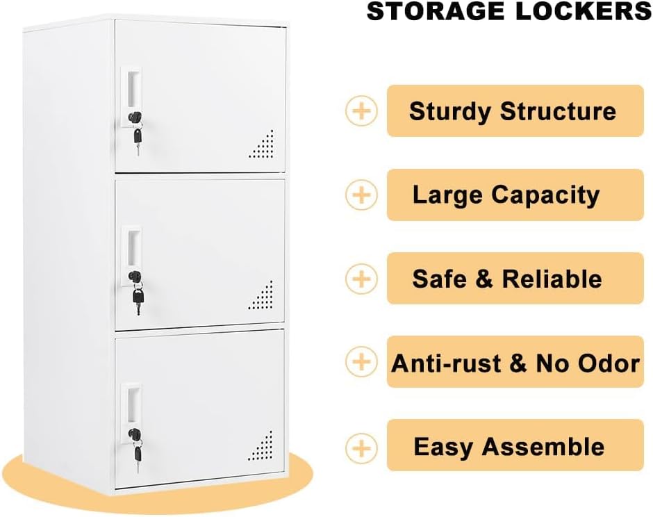 Student Locker Organizer, Multi-Door Steel Locker, Small Locking Cabinet Storage Organizer, Office File Cabinet, Home Locker, Gym Locker, Metal Storage Locker (3 Door, White)