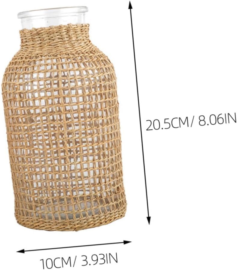 DOITOOL Glass Flower Vase with Rattan Cover, Round Decorative Flower Vase Woven Seagrass Vase Farmhouse Vase Floral Container for Floral Arrangement Table Centerpiece Decor (Size L)