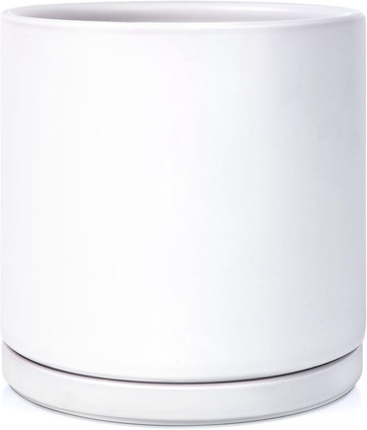 Kazeila Plant Pots Ceramic Planter for Indoor Outdoor Plants Flowers 10 Inch Matte White Large Cylinder Flower Pot with Saucer and Drainage Hole,Glazed Finish Interior and Exterior