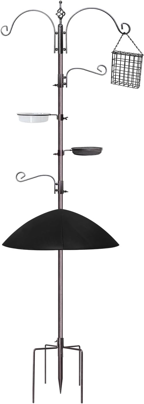 Bird Feeder,91in 4 Hook Bird Feeder Pole with Squirrel Baffle,Bath and Mesh Tray,Steel Multi-Feeder Kit Stand for Attracting Wild Birds, Easy Assembly for Courtyards (Weld, Black 91IN)