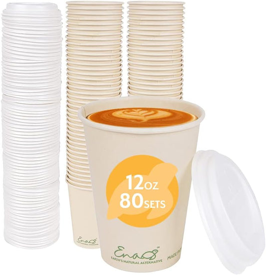 Earth's Natural Alternative 100% Compostable Disposable Coffee Cups with Lids [12oz 80 Set] Paper Cups Made from Unbleached Bamboo Fiber, Compostable Lids, To Go Coffee Cups with Lids