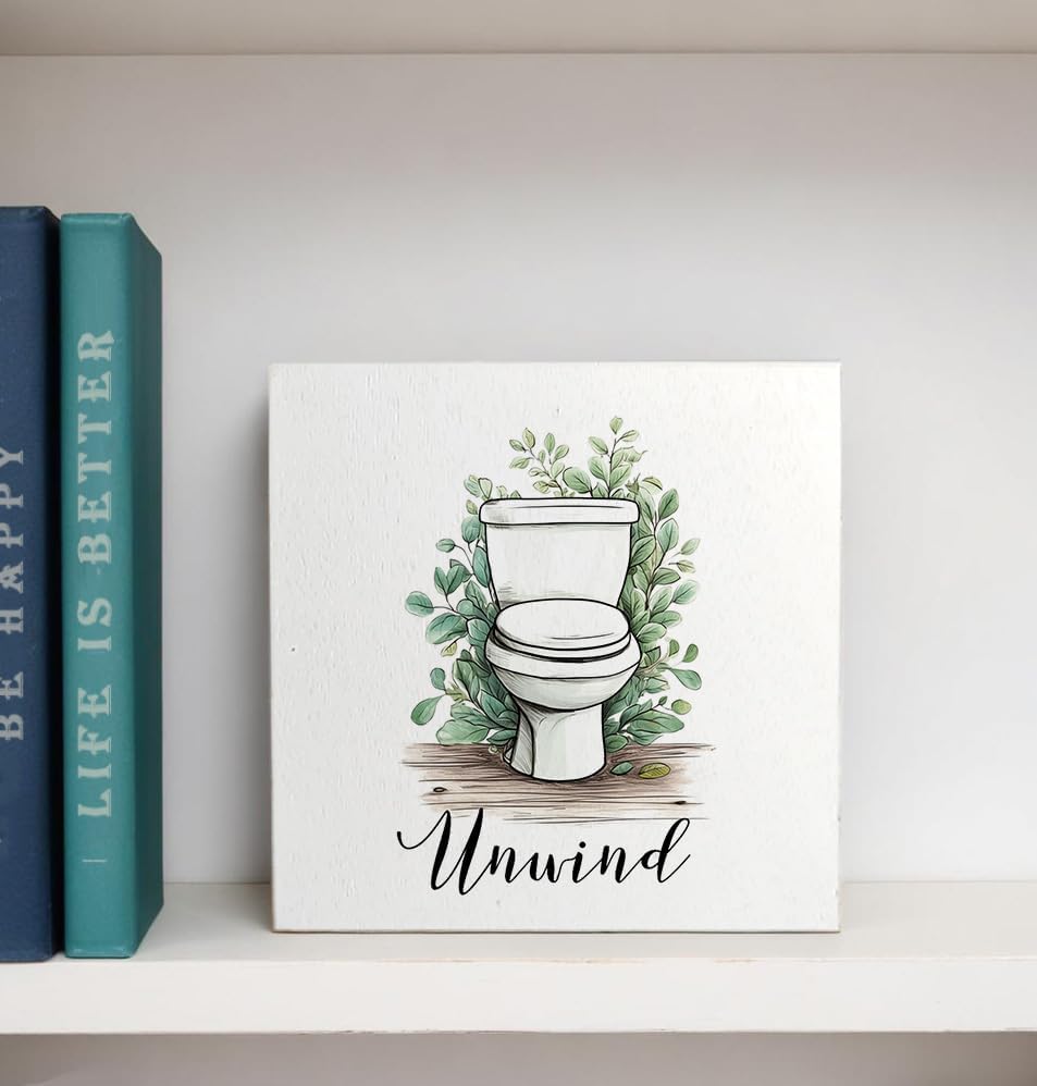 Unwind Funny Bathroom Wooden Box Sign, Eucalyptus Botanical Wood Signs for Restroom Bathroom Toilet Half Bath Shelf Counter Decor, 5x5 Inch