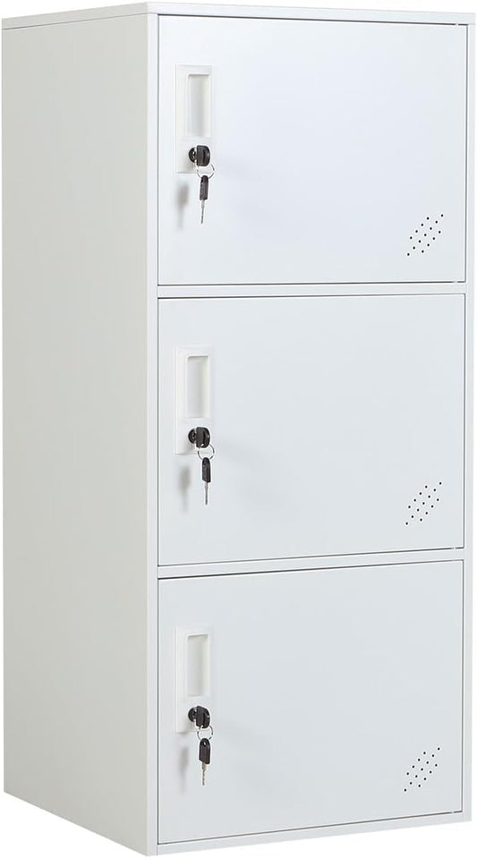 3 Door Metal Vertical Storage Locker for School, Office, Home,Gym,Stackable Steel Storage Cabinet with Lock,Anti-Falling Device. (3 Door, White)