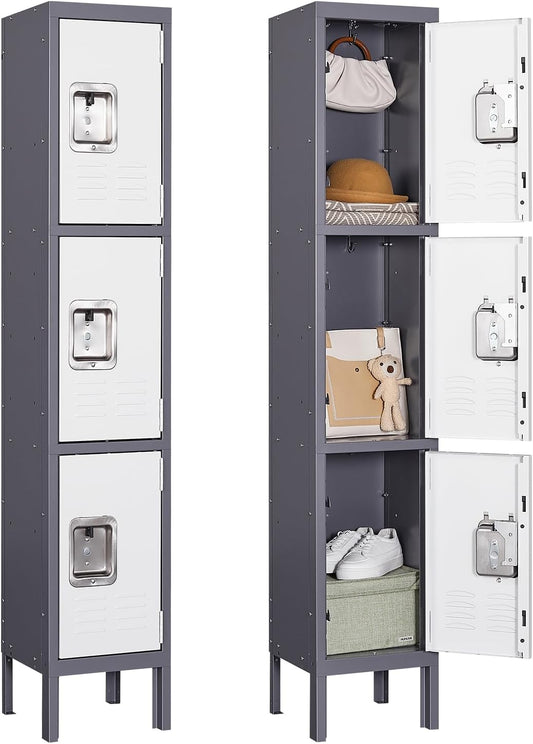 Metal Locker for School Home Office Gym, Steel Storage Lockers for Employees Students, 3 Tier Metal Storage Locker Cabinet with 3 Doors (Grey White)