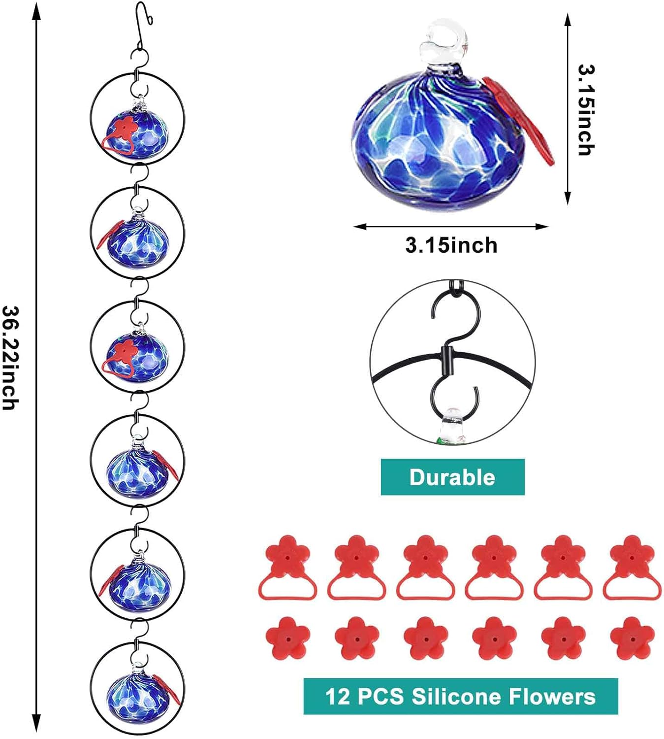 Flexible 6 Pack Hummingbird feeders for Outdoors Hanging Ant and Bee Proof,Detachable Hand Blown Glass Hummingbird Feeder with 6 Adjustable Silicone Perch(Dotted Blue)