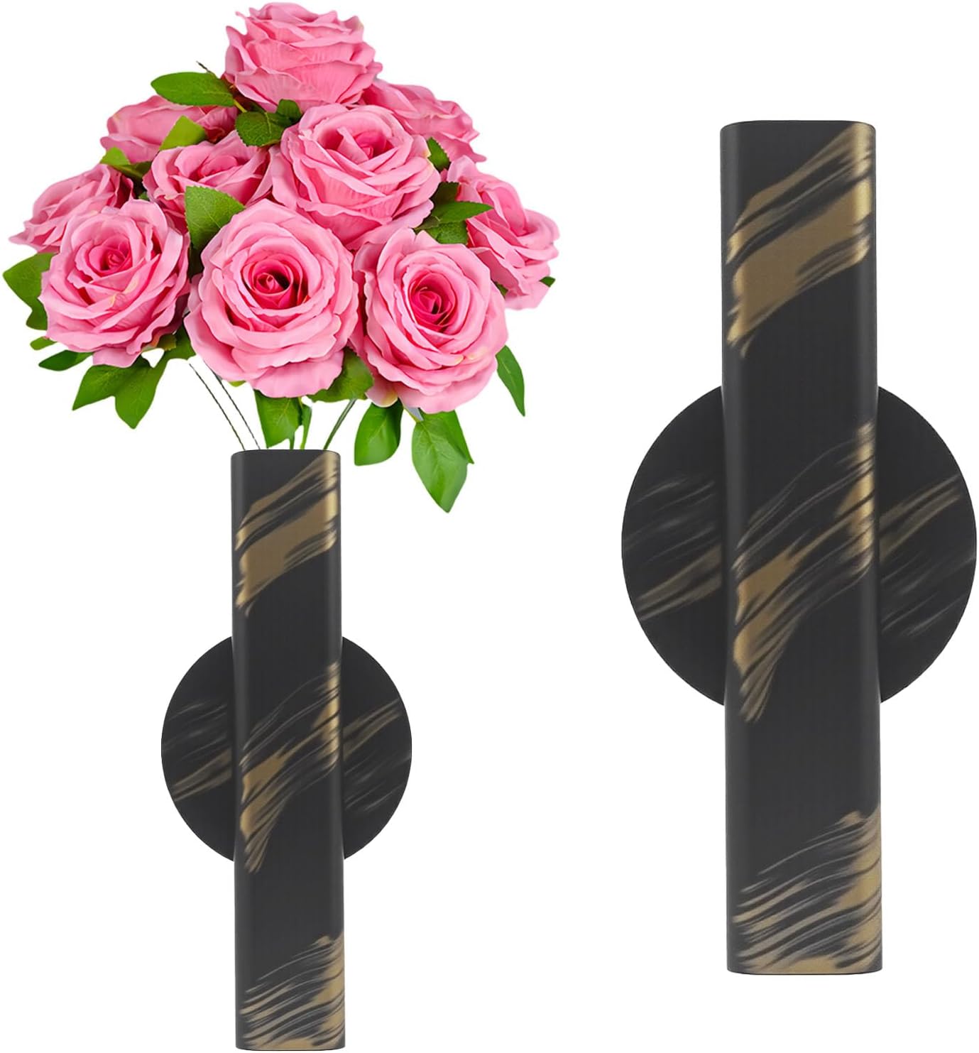 Self Adhesive Wall Vase Metal Tube Decoration Holder Used to Display Dried Flower, Faux Flowers, Fake Flowers, Also Suitable for Cemetery Memorial Decoration (1 Pcs Black and Gold Stripe)