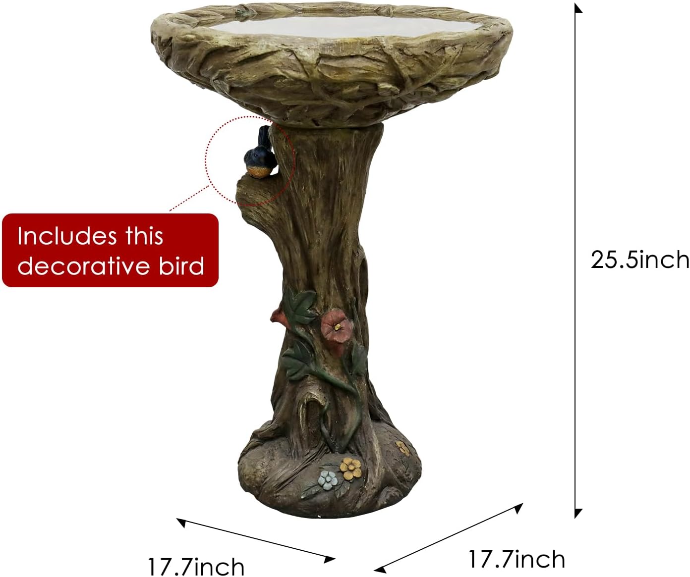SunJet 25.5 Inch Heigh Wood-Look Concrete Bird Bath with Decorative Faux Bird – birdbath Rustic & Long-Lasting Design, Enhances Garden, Patio, Yard, Lawn Décor