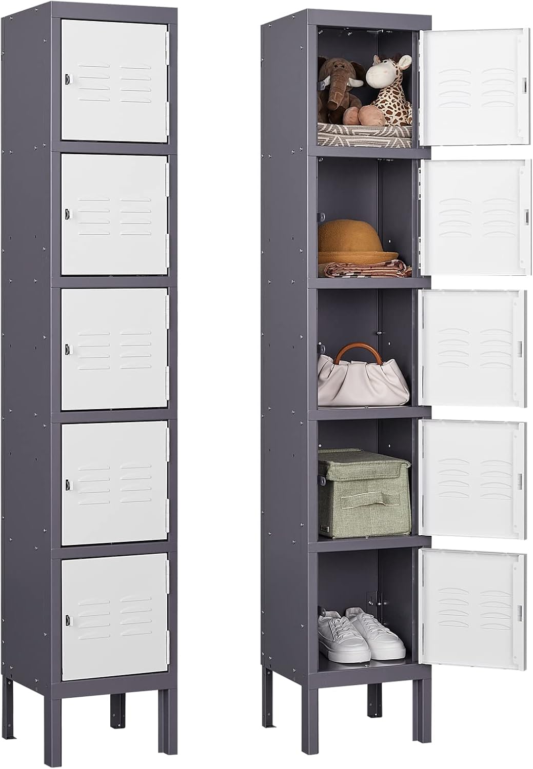 Metal Locker with 5 Doors, 5 Tier Locker Steel Employees Lockers, Tall Steel Storage Lockers for School, Home, Office, Gym(Grey White), (ML-0721)