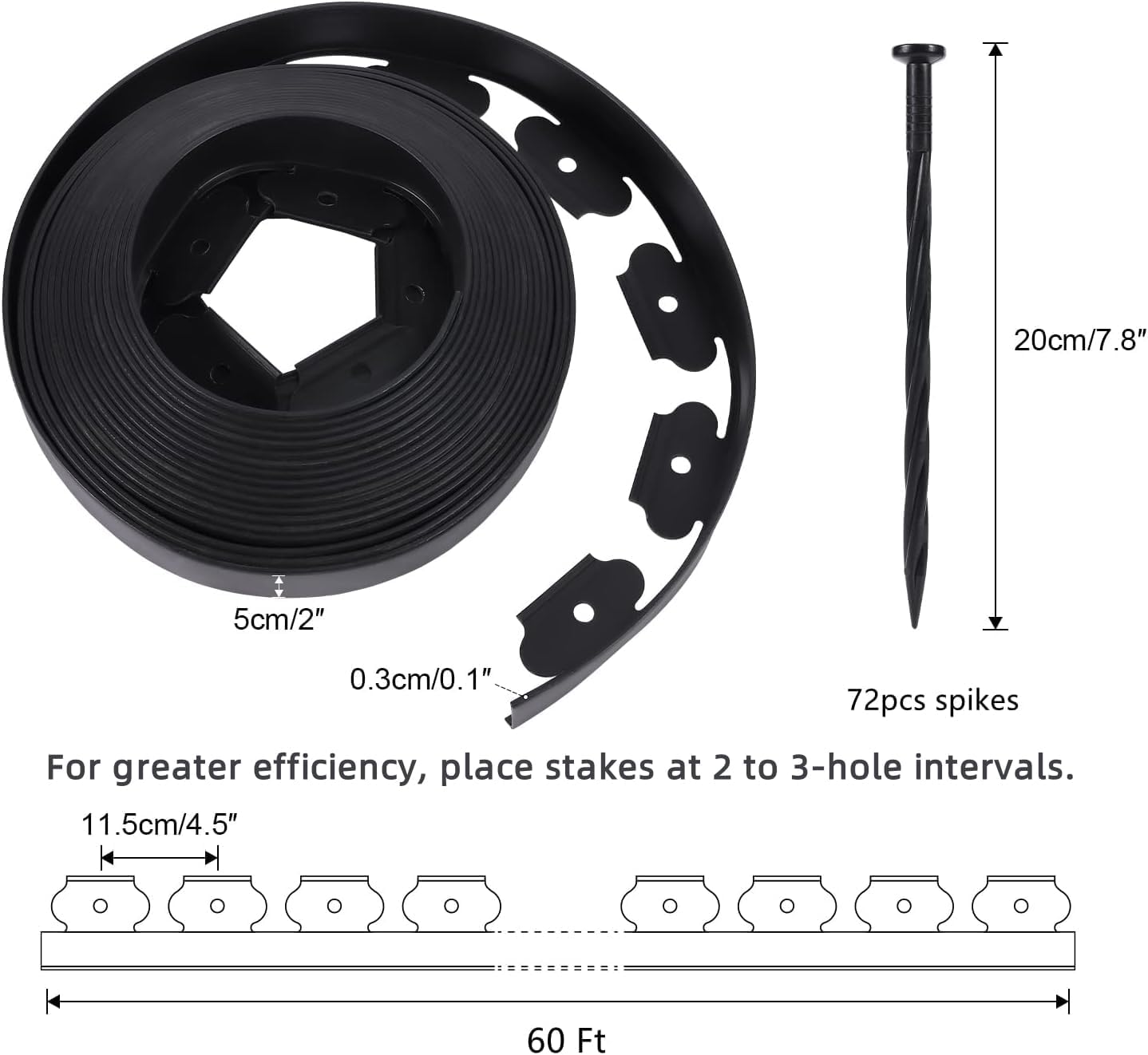No Dig Durable Garden Landscape Edging Kit, 2 Inch Tall Black Plastic Lawn Border with 72pcs Anchoring Spikes for Landscaping, Flower Gardens, Lawn (60FT+72pcs Anchoring Spikes)