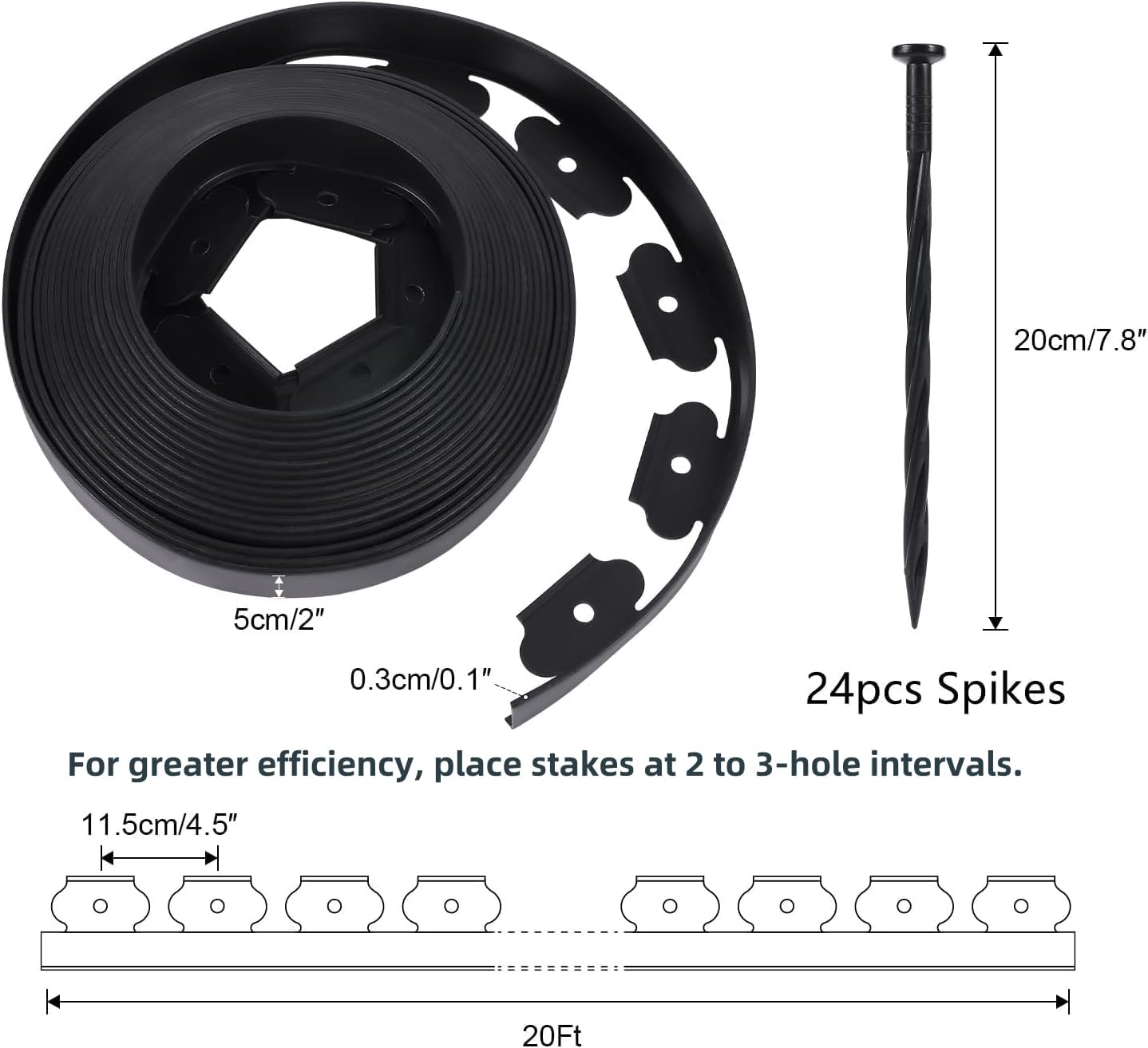 2 Inch Tall No Dig Durable Garden Landscape Edging Kit, Black Plastic Lawn Border with 24pcs Anchoring Spikes for Landscaping, Flower Gardens, Lawn (20FT+ 24pcs Anchoring Spikes)