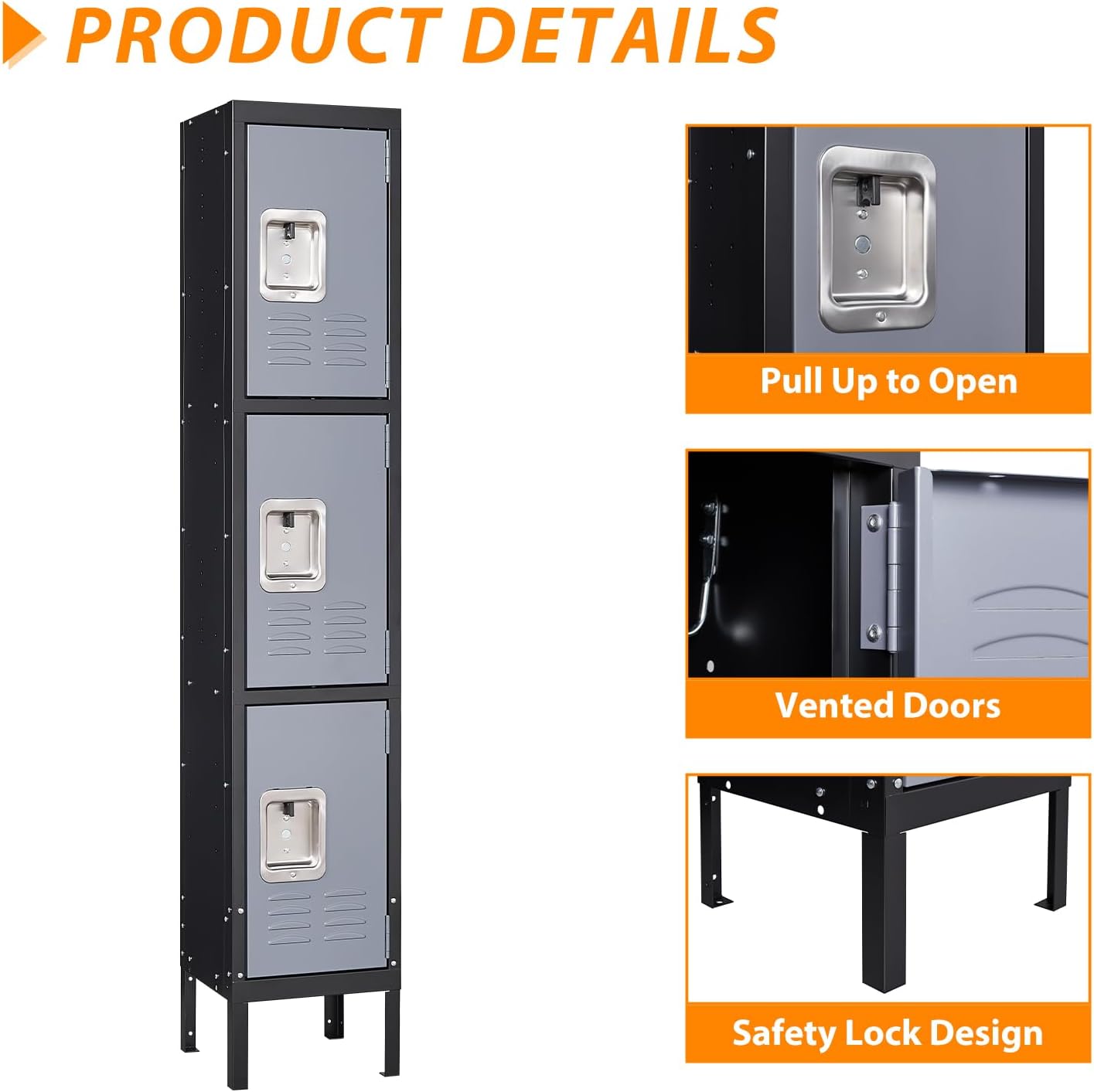 Metal Locker for School Home Office Gym, Steel Storage Lockers for Employees Students, 3 Tier Metal Storage Locker Cabinet with 3 Doors (Black Grey)