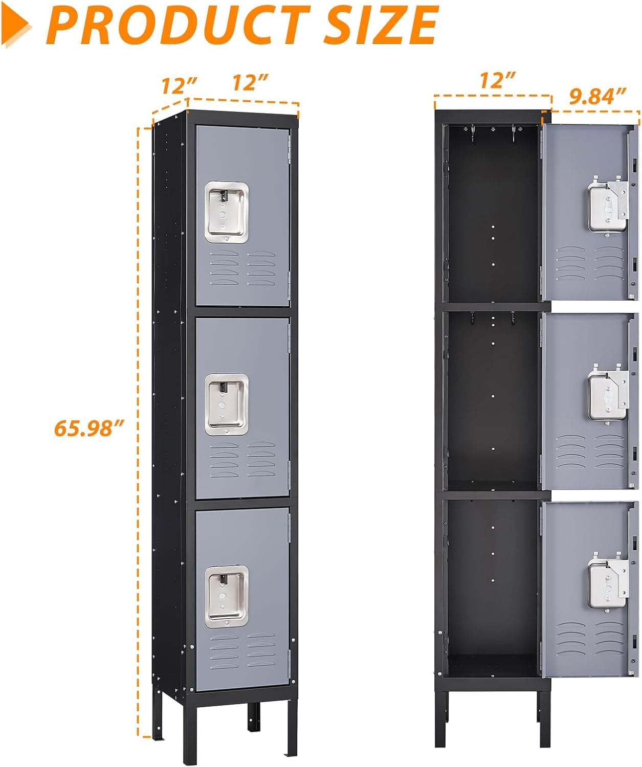 Metal Locker for School Home Office Gym, Steel Storage Lockers for Employees Students, 3 Tier Metal Storage Locker Cabinet with 3 Doors (Black Grey)