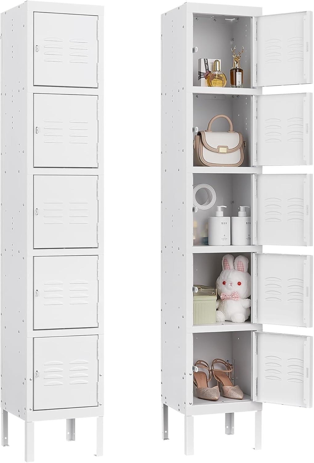 Metal Lockers for Employees, Steel Storage Locker with 5 Doors for Home, Office, School, Gym (White)