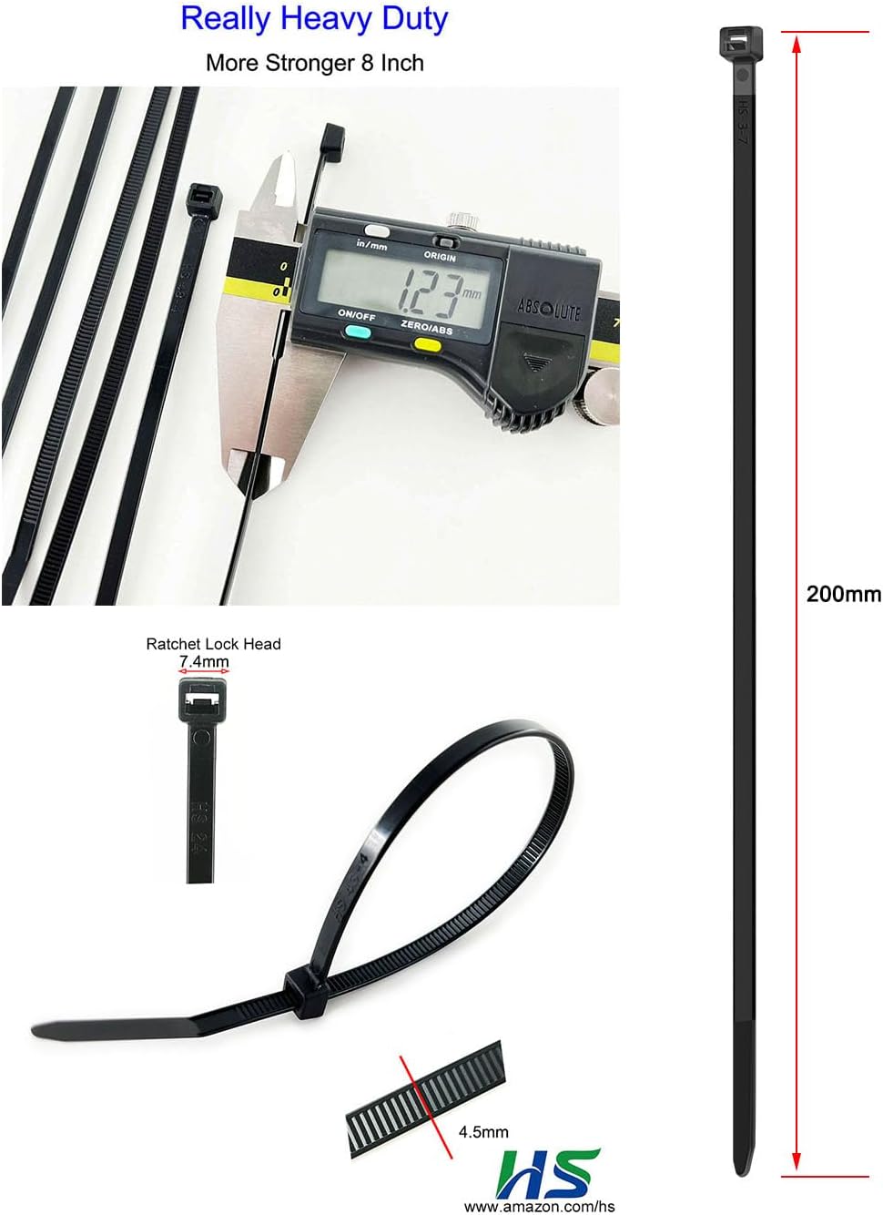 HS Strong Fuel Hose Zip Ties 8 Inch x 3/16" (Bulk-500 Count) UV Black Cable Ties 50 Pounds Heavy Duty Self-Locking Strap Ties for Automotive,Outdoor Fence Purpose