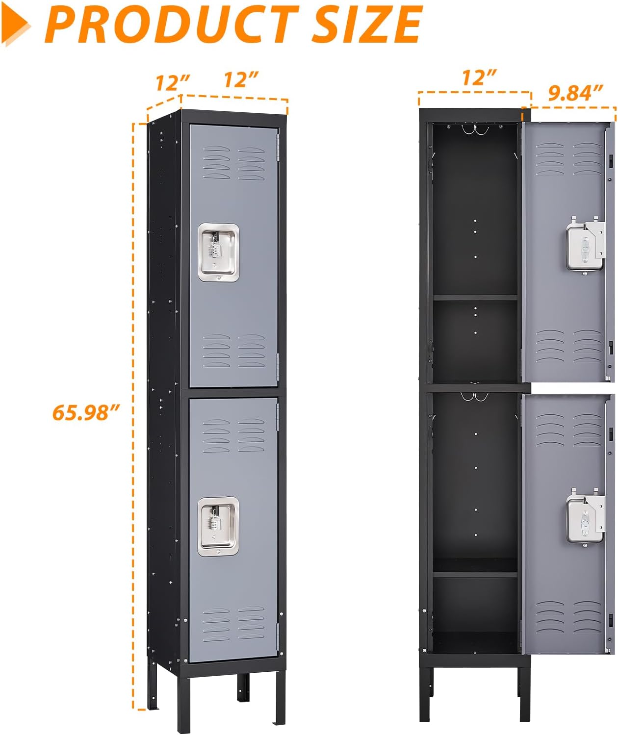 Metal Storage Locker, Lockable Employees Metal Locker with 2 Doors, 65.98" Height Steel Locker for Home, Dressing Room, Office, Gym (Black Grey)