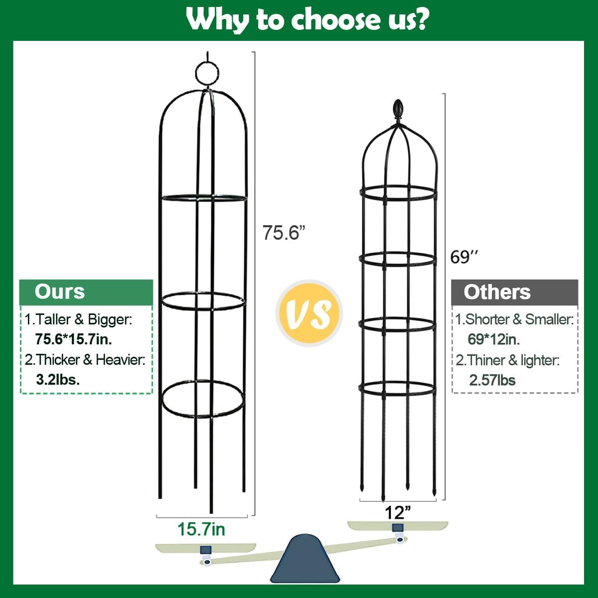 Tower Obelisk Garden Trellis 100% Metal 6.3 Feet Tall Plant Support for Climbing Vines and Flowers Stands,Black Green Lightweight Plant Tower