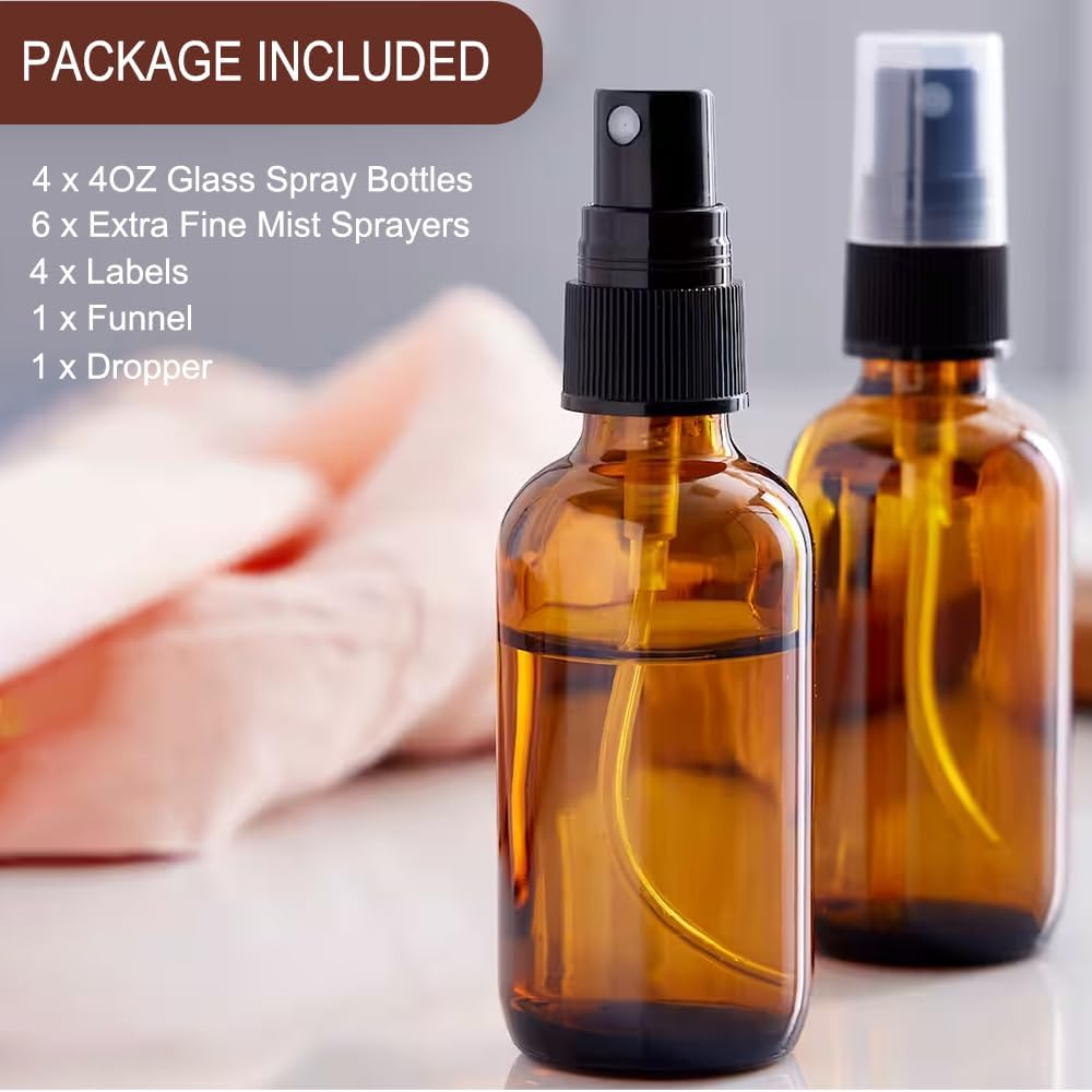 4 oz Amber Glass Spray Bottles - Small Empty Fine Mist Spray Bottle for Essential Oil,Face - Mini Dark Spray Bottles with,Included 6 Sprinkler, 1Funnels,1 Droppers, 4 Labels