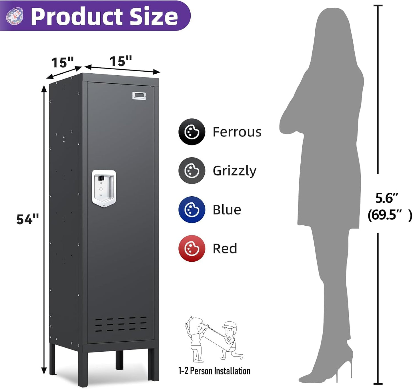 Metal Cabinet Home Office Storage, Lockable Steel Locker with Door, 54" Height, Multi-Purpose for Home, Office, Gym, School, Garage