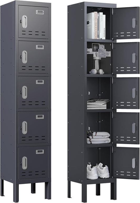 Metal Lockers - 66" Height Steel Lockers for Employees with 5 Door Storage Locker with Card Slot for Employees Gym School Home Office Garage - Assembly Required