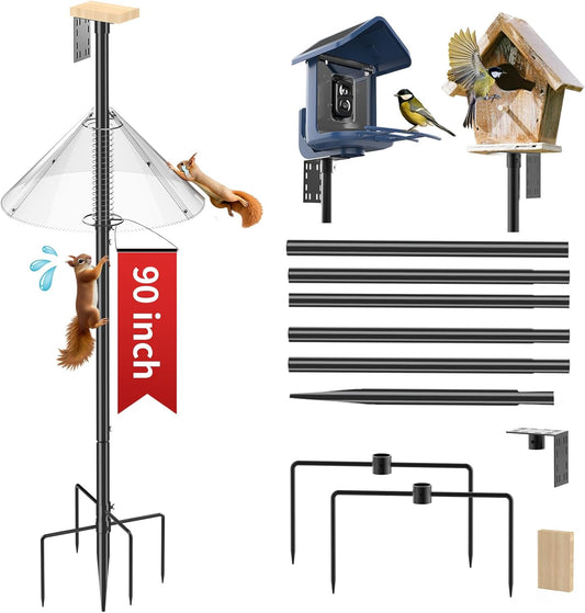 Bird Feeder Pole with Squirrel Baffle - 90 Inch Bird House Pole for Outdoors Heavy Duty, Squirrel Proof Baffle with Stainless Steel Spring for Better Defense, Slip-Fit Connection
