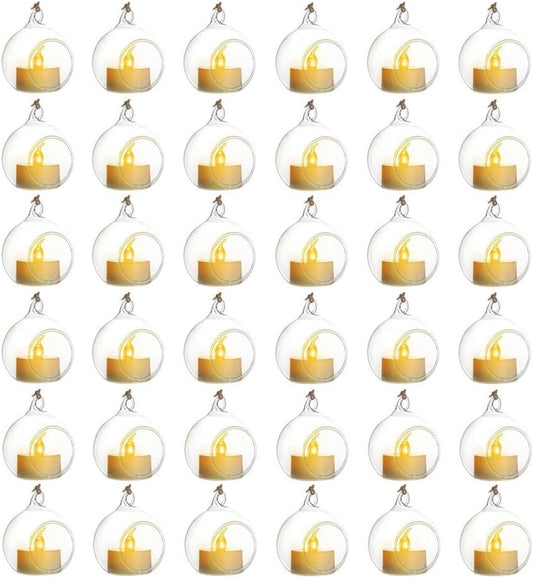 Sziqiqi Hanging Glass Globes Orbs Tea Light Candle Holders with Flameless LED Tealight for Wedding Ornaments, Wedding Birthday Christmas Party Centerpiece Accessory 2.36inch 30pcs +6 Extra