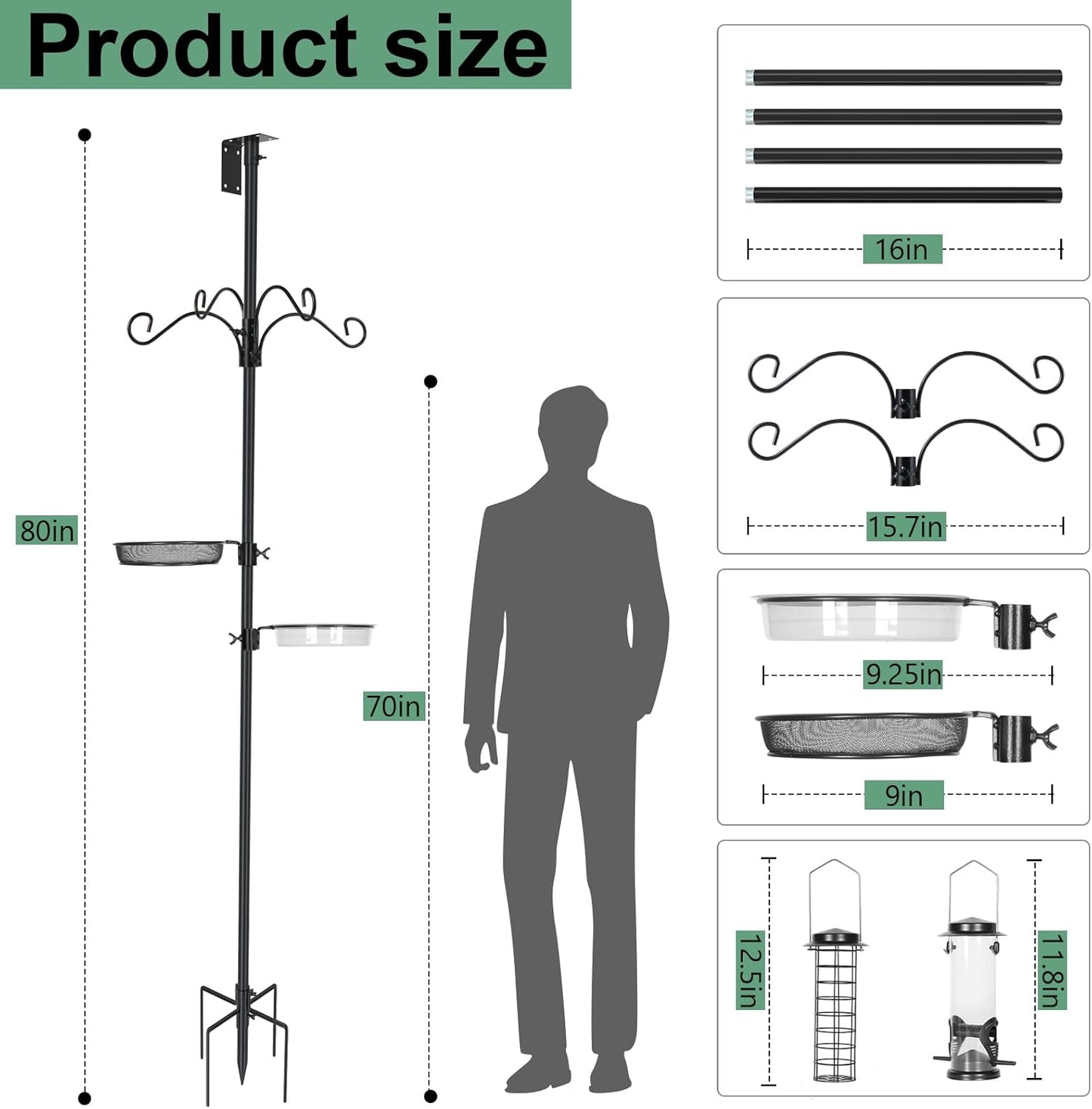 ERYTLLY Bird House Pole Mount Kit 80 Inch 2 Pair Hooks Multi Feeders Bird Bath Feeder Tray - Heavy Duty Adjustable Bluebird Feeder Support Rod Stand Set for Outside, Yard, Garden