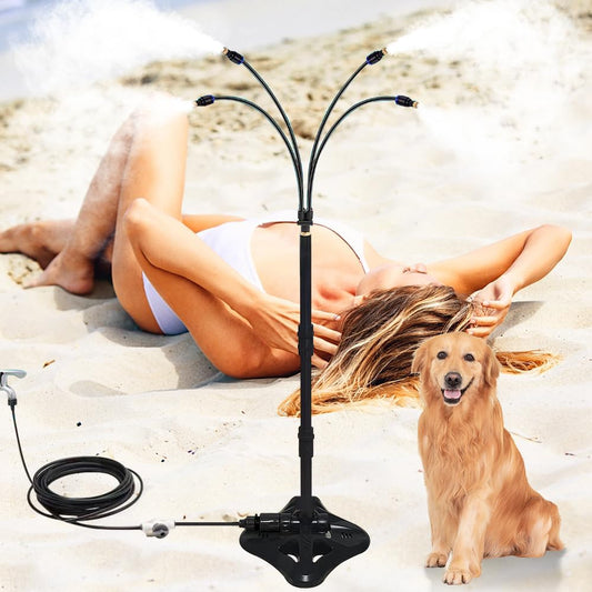 UR FOREST Updated Standing Misting Cooling System 26.2FT (8M) Misting Line + 4 Brass Misting Nozzles,2 Height Option, Stand Mister Hose for Outside Outdoor Patio, Pet Cooling, Kids Water Playing-BLACK