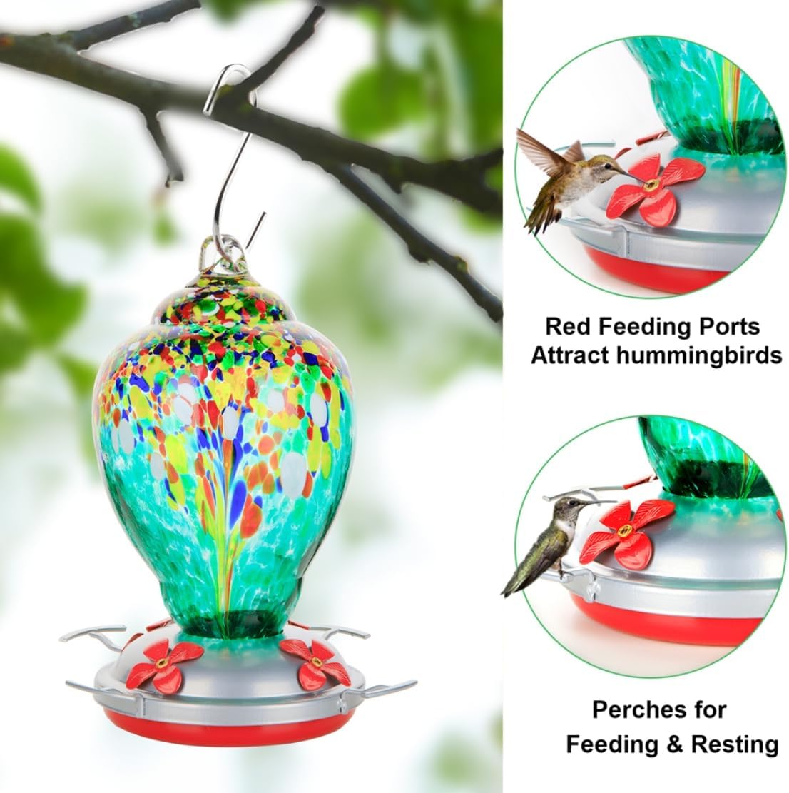 WOSIBO Hummingbird Feeder for Outdoors Patio Large 32 Ounces Colorful Hand Blown Glass Hummingbird Feeder with Ant Moat Hanging Hook, Rope, Brush and Service Card (Green)