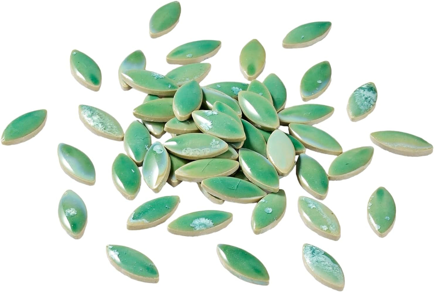 70 Pcs Petal Ceramic Mosaic Tiles, Green, Polished Edge, Cottage Style, Floral Pattern, Glue Down Installation, Suitable for Crafts and Home Decorations