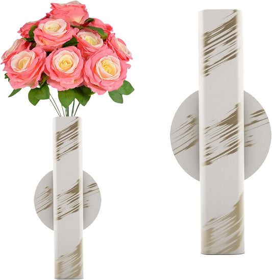 Self Adhesive Wall Vase Metal Tube Decoration Holder Used to Display Dried Flower, Faux Flowers, Fake Flowers, Also Suitable for Cemetery Memorial Decoration (1 Pcs White Gold Stripe)