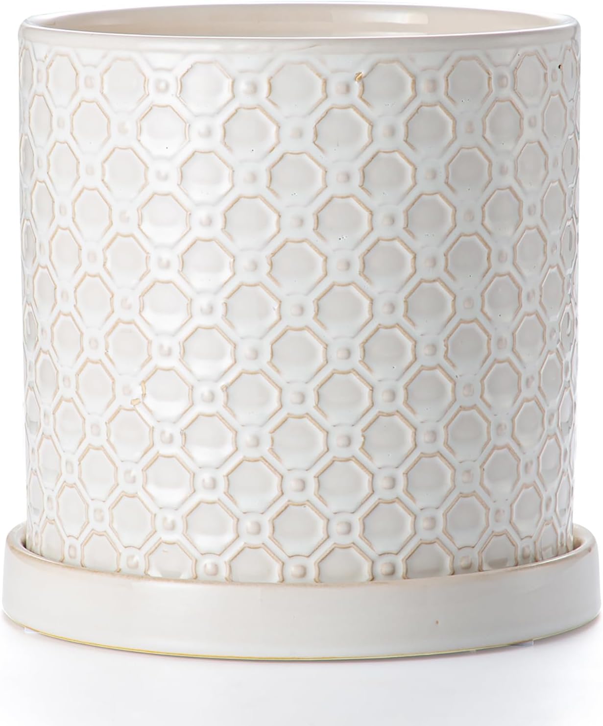 8 Inch Plant Pot: Ceramic Planter with Drainage Hole & Saucer Indoor Outdoor Plants - Cylinder Round Flower Pot for Home Office - Modern Decorative - Medium White