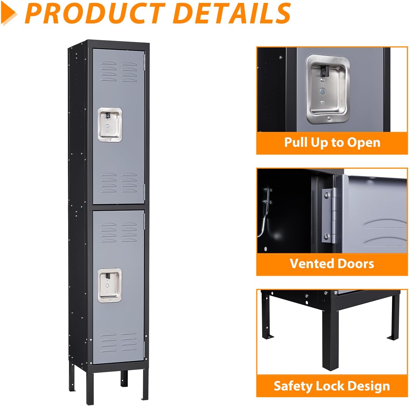 Metal Storage Locker, Lockable Employees Metal Locker with 2 Doors, 65.98" Height Steel Locker for Home, Dressing Room, Office, Gym (Black Grey)