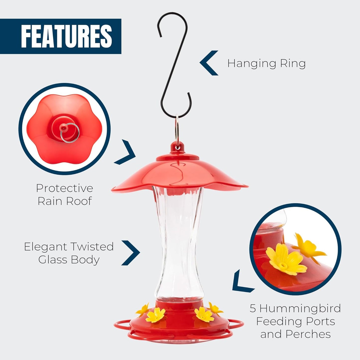 MEKKAPRO Hummingbird Feeders for Outdoors Glass - Red Hummingbird Feeders for Outdoors, Metal Ring, Bee-Proof Design, Easy Assembly, Red Hummingbird Feeder 10 oz