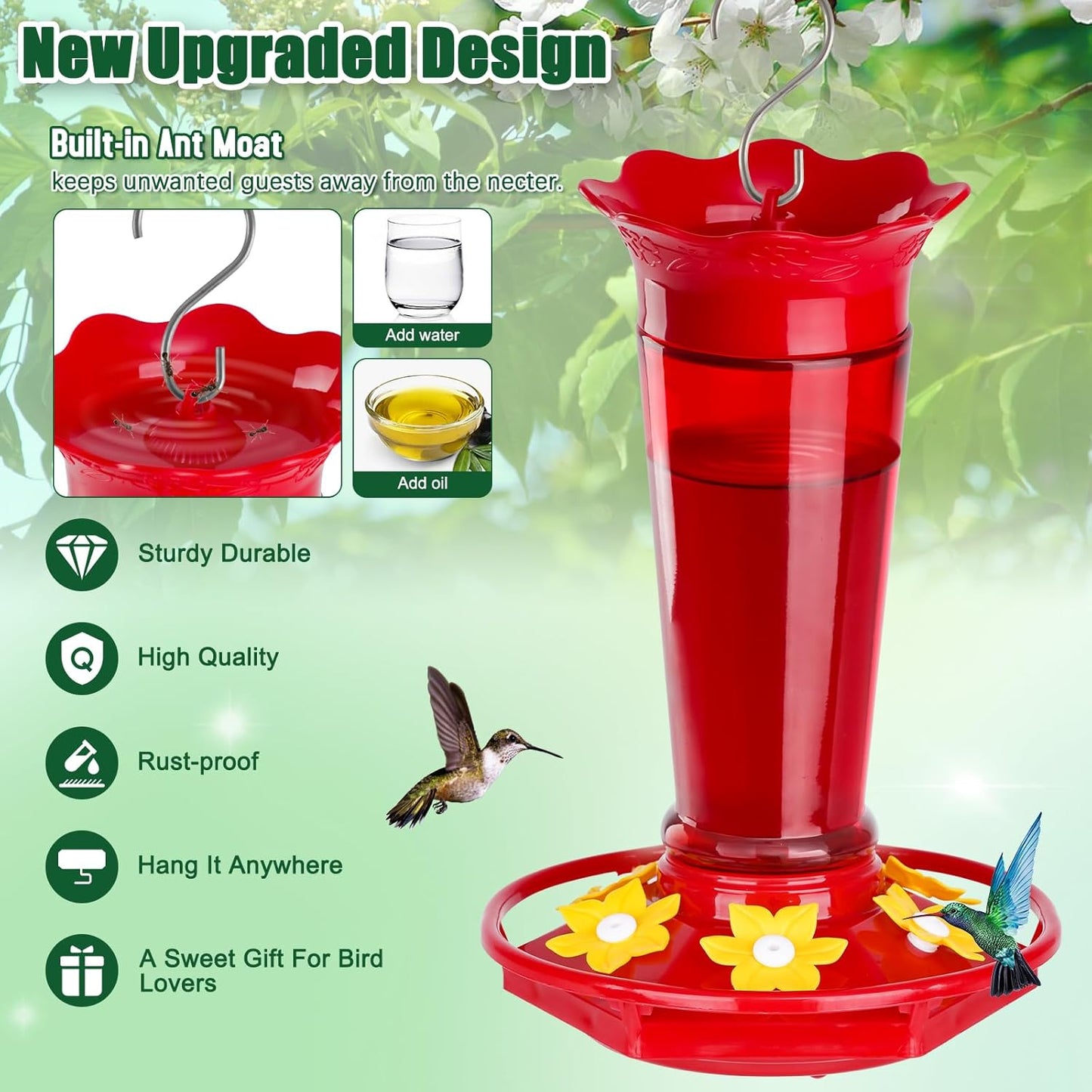10 OZ Glass Hummingbird Feeders for Outdoors Hanging - Red 2 Pack, Ant & Bee Proof and 6 Feeding Ports, Garden Yard Décor Gifts for Mom