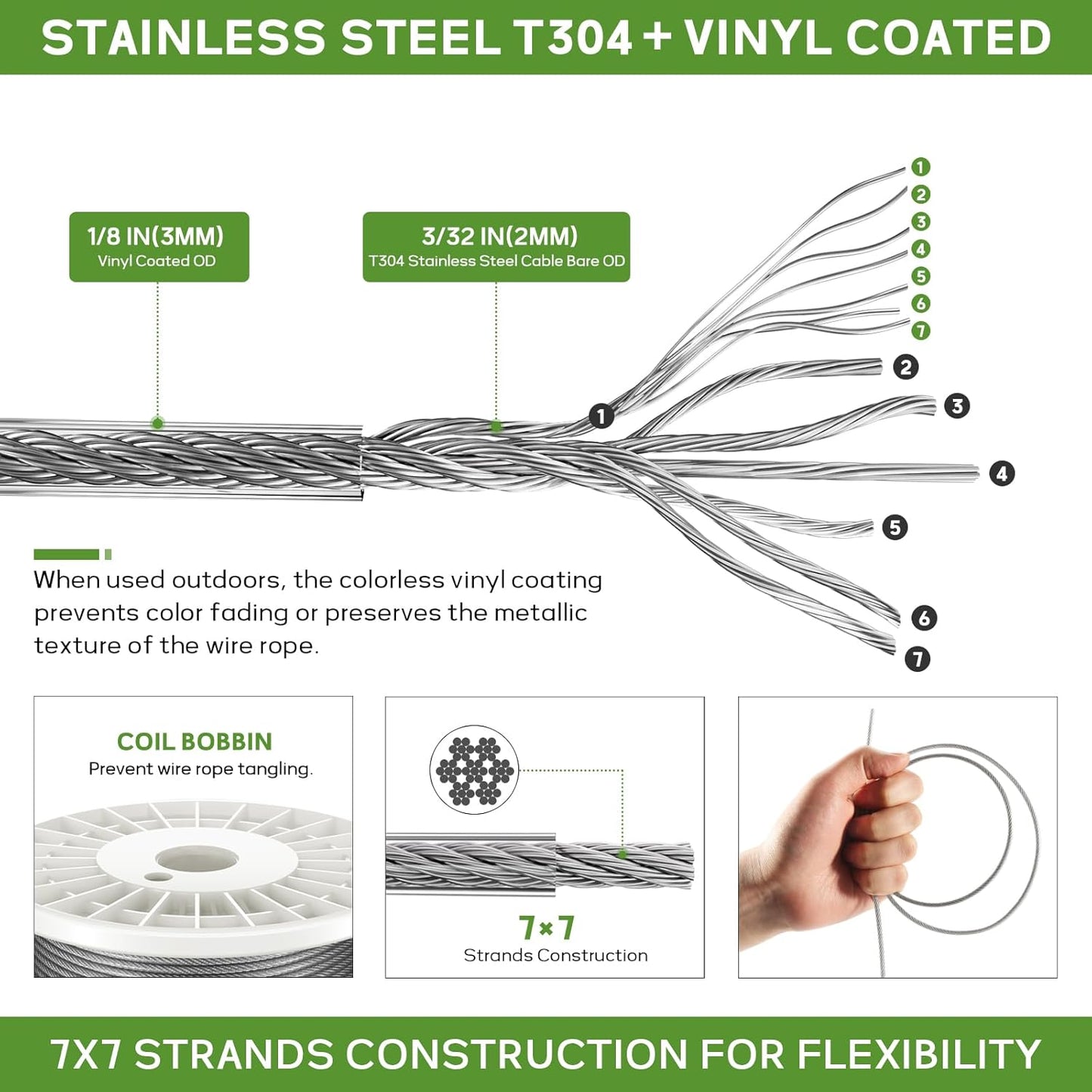 1/8" Wire Rope Kit, 200FT Steel Wire Cable, Vinyl Coated Stainless Steel Cable with Turnbuckles for Outdoor, Garden, Kitchen and Craft Projects