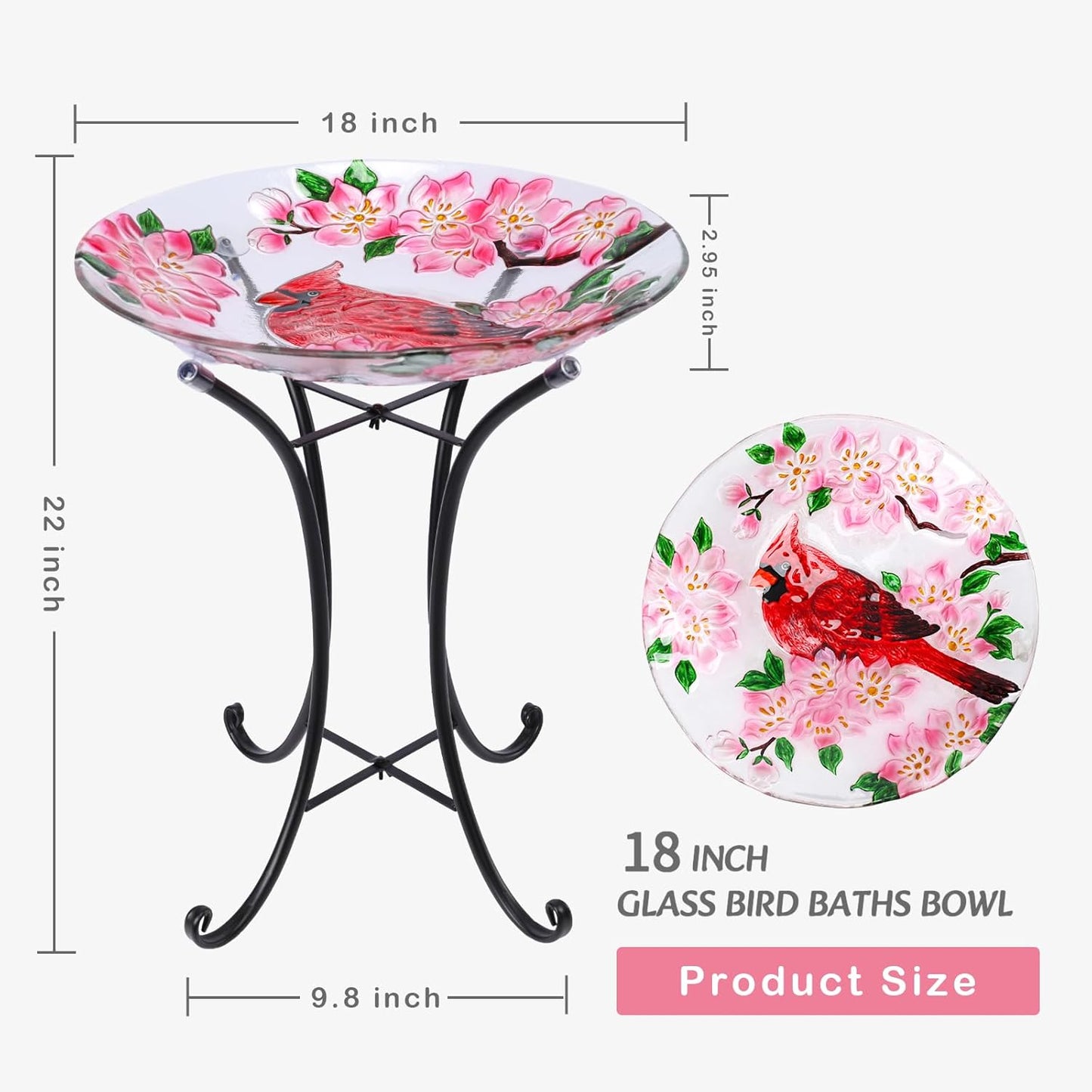 VCUTEKA Bird Baths for Outdoors, Glass Bird Bath with Metal Standing for Garden, Yards Patio Décor, Bird Lovers Gift, Cardinal Glass Birdbath Detachable (22" H * 18" W)