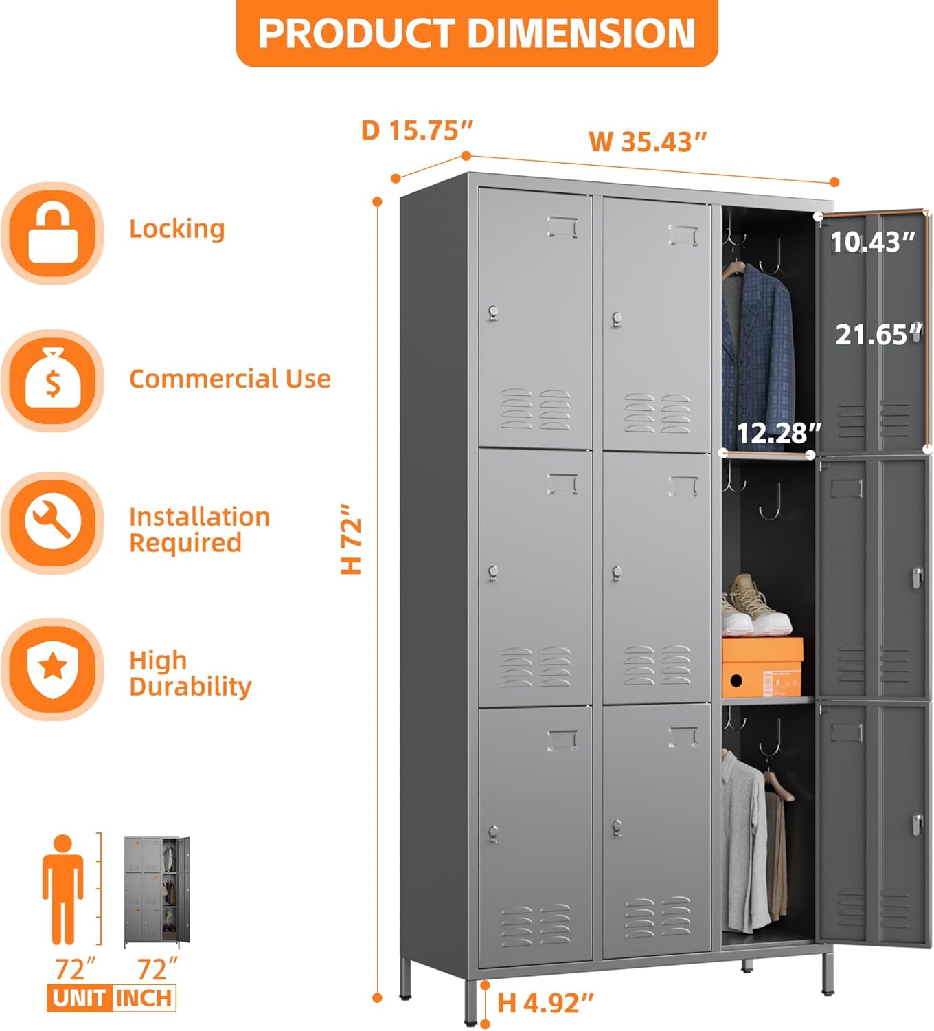 9 Doors Metal Lockers for Employees with 27 Hooks, Storage Locker with Business Card Holder for Office Gym School Bedroom, Assembly Required, Dark Gray