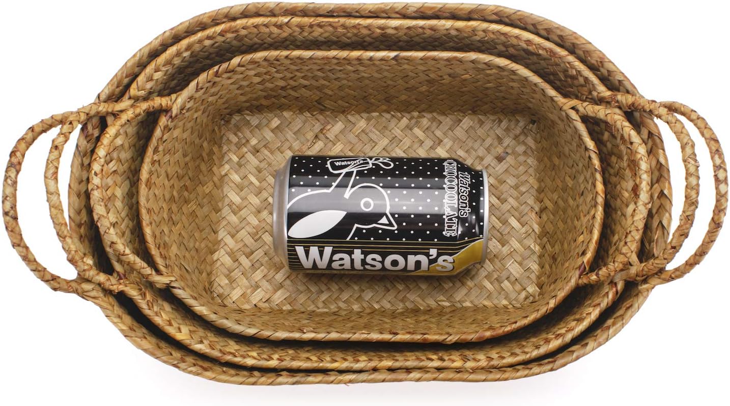 Seagrass Woven Baskets for Storage Natural Shelf Basket with Handle for Organizer Stackable Oval Set of 3 (Large+Medium+Small)