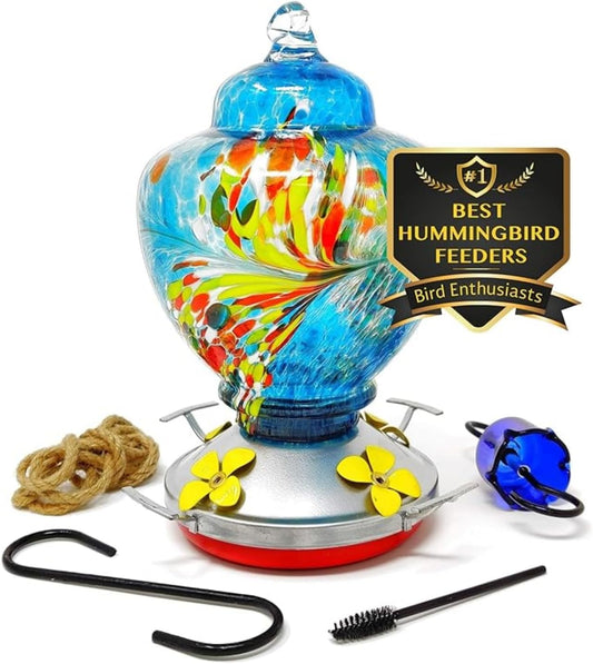 Nature Gear Hummingbird Feeder, Hanging-Mount Glass Hummingbird Feeders for Outdoors, Hand-Blown Glass Feeder with Ant Moat for Garden Hummingbirds, Easy to Clean & Rust Resistant, Blue Burst