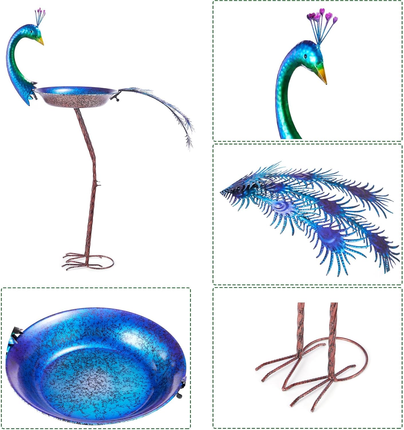 12.8" W*38.2" H Peacock Bird Baths for Outdoor, Metal Bird Feeder Seed Trayr,Bird Bath Drinker Plate, Garden Lawn Yard Decor(Multicolor)