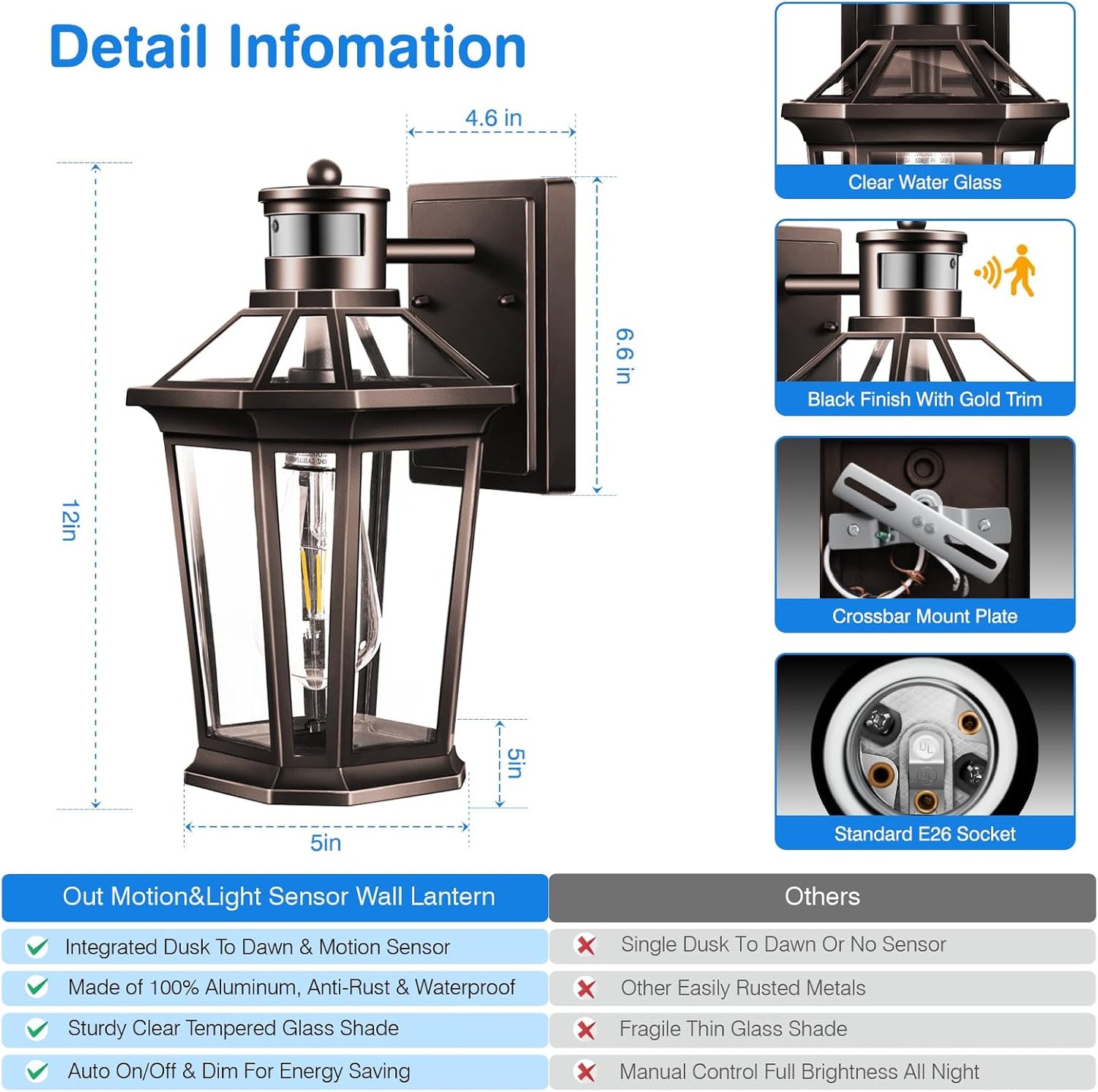 VIANIS Motion Sensor Outdoor Lights, Oil Rubbed Bronze Dusk to Dawn Outdoor Wall Lights Exterior, Waterproof Wall Lantern with Tempered Glass, Modern Outside Wall Sconce for Garage Front Porch, E26