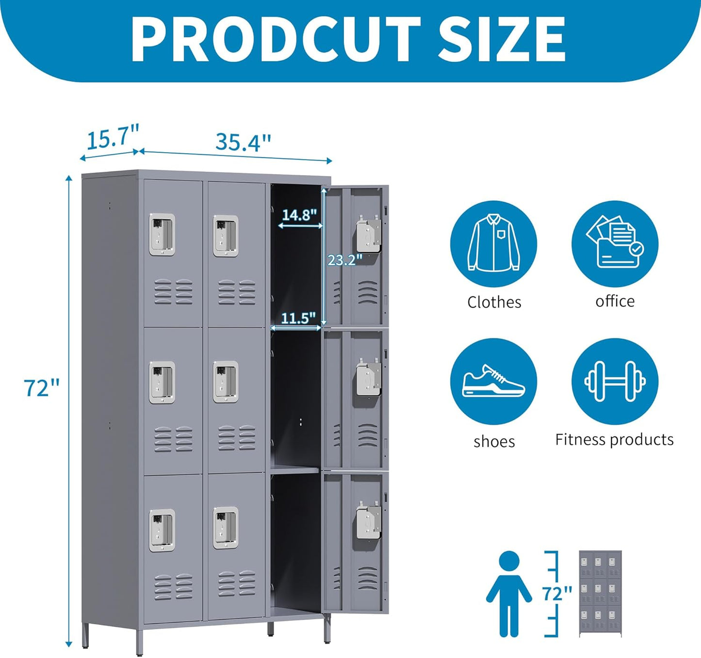 Metal Lockers for Employees, Storage Employee Locker, 72" Storage Lockers with Shelves Steel Cabinet for Home (Gray, 9 door-72'')